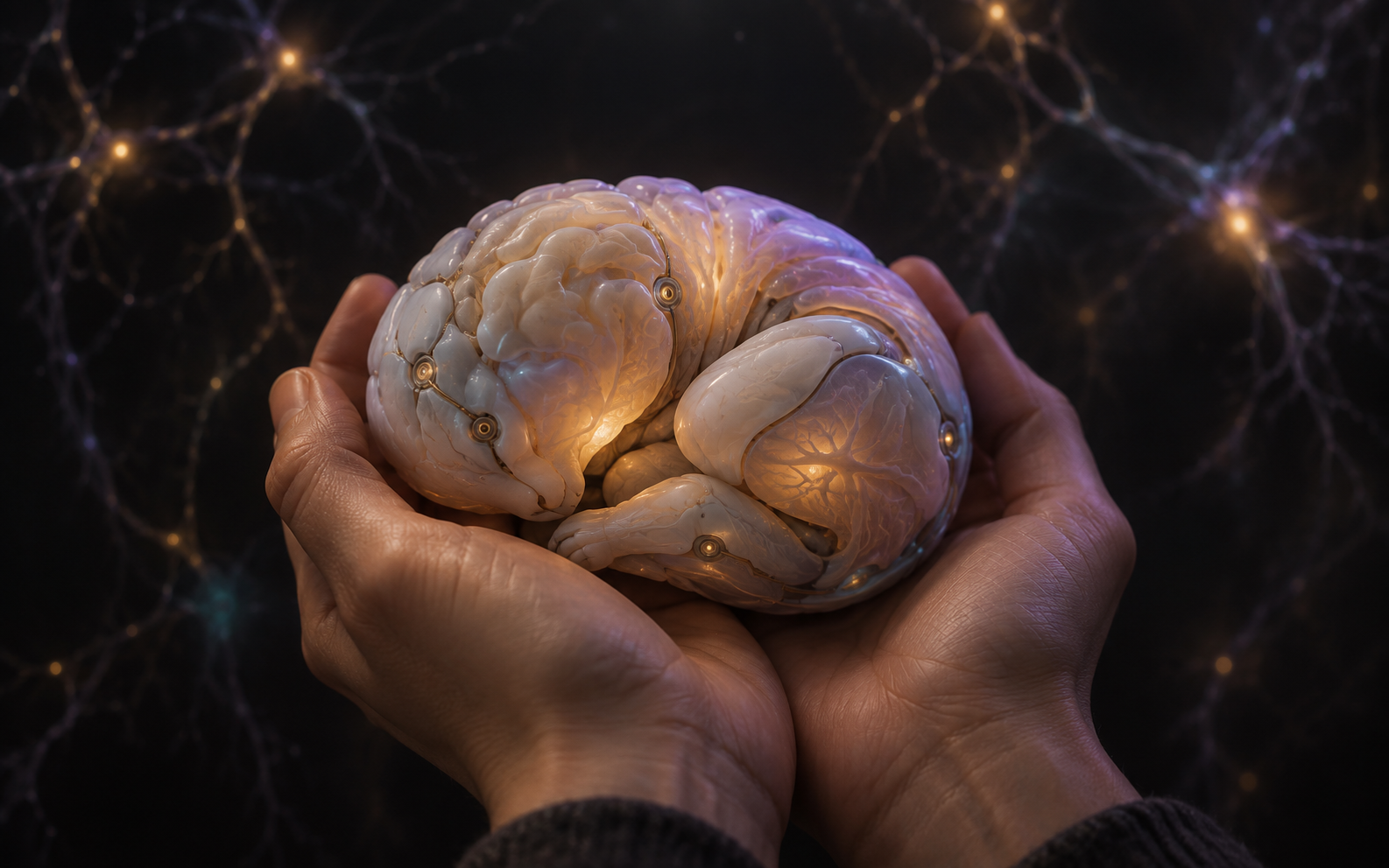 A small, softly glowing brain-like creature held gently in two hands